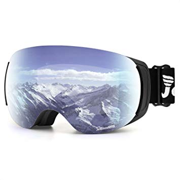 JetBlaze Ski Goggles, Magnet Interchangeable Spherical Lens Snow Goggles, UV400 Protection Snowboard Goggles, Anti-Fog Snowmobile Goggles with Anti-Slip Strap for Men Women Youth Adult