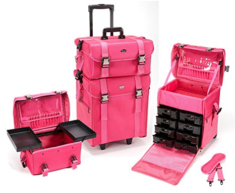 Seya 2 in 1 Professional Makeup Artist Rolling Makeup Train Case Cosmetic Organizer Soft Trolley w/ Storage Drawers & Upgraded Metal Buckles - Pink