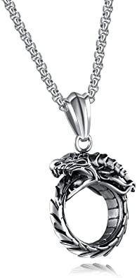 TEMICO Men's Vintage Stainless Steel Gothic Ouroboros Dragon Circle Pendant Necklace, Chain 23.6 Inches