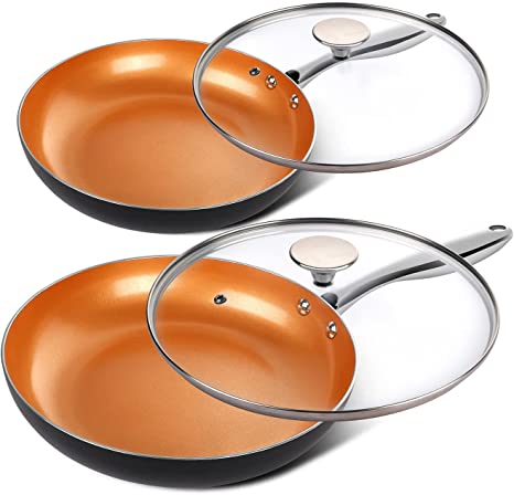 MICHELANGELO Frying Pans, 9.5" & 11" Copper Frying Pan Set with Lid, Nonstick Frying Pans With Titanium Ceramic Interior, Frying Pans Nonstick, Ceramic Skillets Nonstick, Induction Compatible