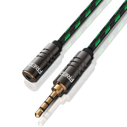 FRiEQ 4-Feet Gold Plated 35mm Male to 35mm Female Car and Home Stereo Cloth Jacketed Tangle-Free Auxiliary Stereo Audio Cable Extension Fits Over Tablet and Smart Phone Cases For Apple iPad iPhone iPod Samsung Galaxy Android MP3 Players BlackGreen Plug will be Fully Seated with Phone Case On