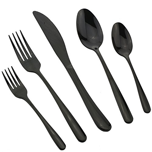 Silverware Set, DEALIGHT Flatware Set, 5-Piece Heavy-Duty Cutlery, Black 18/10 Stainless Steel Eating Utensils Include Dinner Knives, Forks, Spoons, Dessert Forks and Spoons, for 1 people