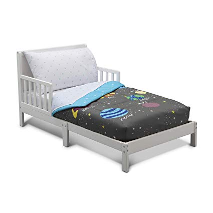 Delta Children Toddler Bedding Set | Boys 4 Piece Collection | Fitted Sheet, Flat Top Sheet w/Elastic Bottom, Fitted Comforter w/Elastic Bottom, Pillowcase, Galaxy Outer Space| Grey/Multi