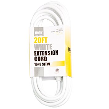 20 Ft White Extension Cord - 16/3 Heavy Duty Electrical Cable