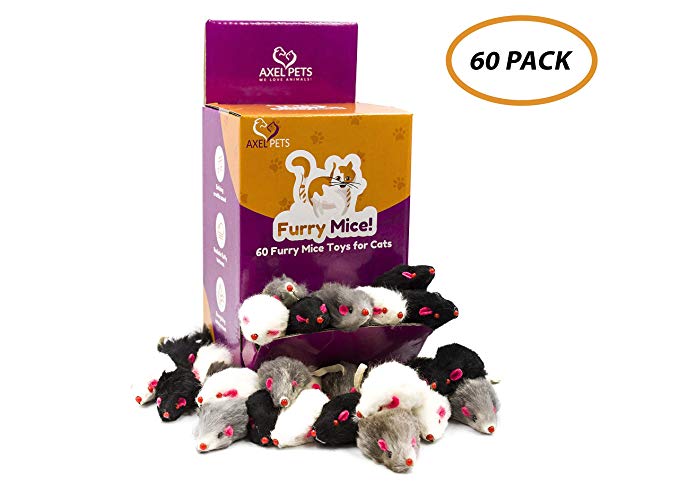AXEL PETS 60 Furry Mice with Catnip and Rattle Sound Made of Real Rabbit Fur Interactive Catch Play Mouse Toy for Cat, Box of 60 Mice