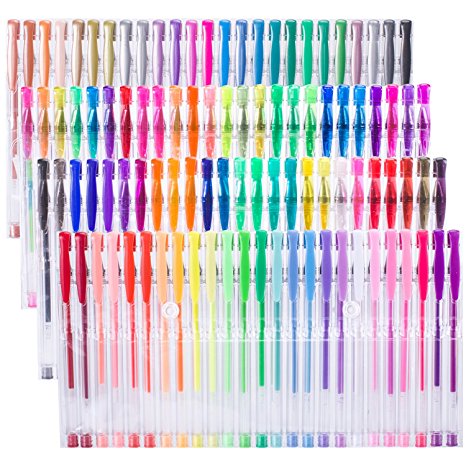Caliart 200 Gel Pens - 2 Set of 100 (No Duplicates) Unique Coloring Pens Including Glitter Metallic Pastel Neon Swirl Glitter-Neon Classic for Adult Coloring Books Drawing Doodling Scrapbooking