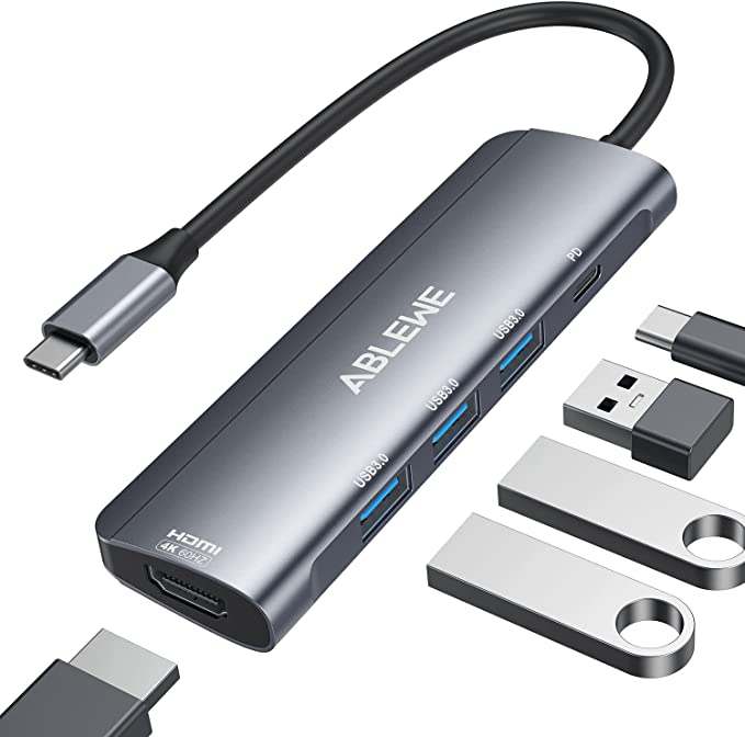 USB C Hub 4K@60Hz HDMI, ABLEWE 5 in1 USB C to HDMI Adapter, with 100W Power Delivery, USB-C and 3 USB-A 5Gbps Data Ports for MacBook Pro/Air 2020, iPad Pro, Pixelbook, XPS, Galaxy, and More