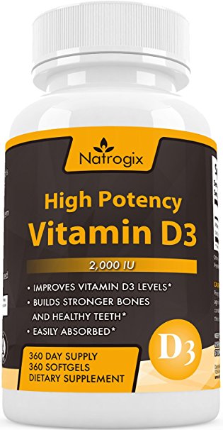 High Potency Vitamin D3 (Cholecalciferol) 2,000 IU 360-Day Supply Supplement - The Formula Helps for Healthy Bones and Teeth   Calcium Absorption   Immune systems(360 Softgel)