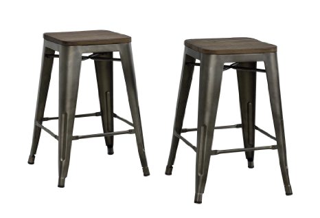 DHP Fusion Metal Backless Counter Stool with Wood Seat (Set of 2), 24", Copper