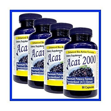 4 Pack -Acai 2000 Max Potency 360 CAPSULES 100% PURE, 4:1 Extract ACAI Berry Natural Nutrition, For Energy, Weight Loss, Detox Diet 4 Bottles, 4 Months , 2000 Mg, acai per serving 90 Caps