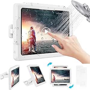 MoKo Shower Tablet Holder, Stretchable Waterproof iPad Holder Fit All Devices Up to 11", 360° Rotation Tablet Wall Mount Holder with Anti-Fog Touchable Screen, 2 Placement Modes, for Bathroom Kitchen