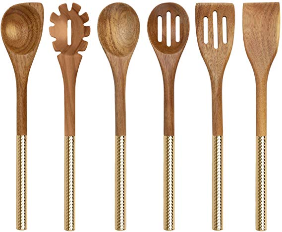 Country Kitchen 6 Piece Utensil Set - Acacia Wooden Heads with Gold Stainless Steel Handles for Serving and Cooking