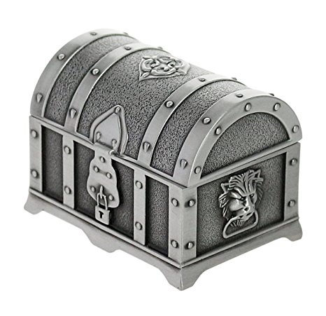 Antique Pewter-Finished Embossed Metal Trinket/Jewelry Box - Treasure Chest with Lion Head