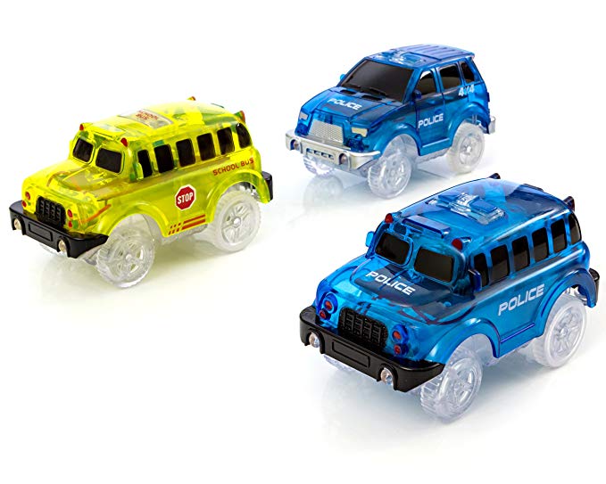 Magic Tracks Cars Replacement Only | Universal Glow in the Dark Race Car Set | 5 LED’s Per Vehicle | 2 Police Jeeps and 1 School Bus Per Pack by Swiss Part
