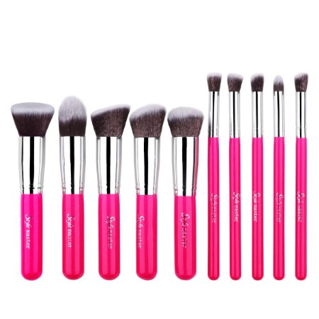 Style Master 10pcs Premium Synthetic Kabuki Makeup Brush Set Cosmetics Foundation Blending Blush Eyeliner Face Powder Brush Makeup Brush Kit (Hot Pink   Silver)
