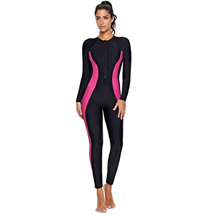 Women's One Piece Rash Guard Zip Front, Full Body Swimsuit Wetsuit, Sun Protection Long Sleeve Dive Skin Surf Suit S-XXXL