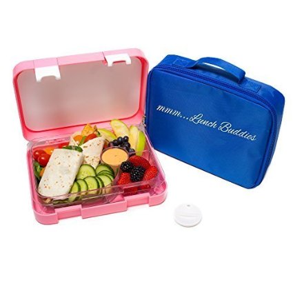 Bento Lunch Box-Pink- by mmm...Lunch Buddies-Double Leak Proof Container-New Dual Latch-Great for Kids or Adults-Carrying Lunch Bag-Healthy Portion Plate-4 Compartment-Microwave-Dishwasher