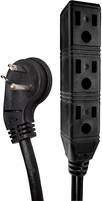 3 Ft Extension Cord with 45° Angled Flat Plug and 3 Electrical Power Outlets - 16/3 SJTW Low Profile Durable Black Indoor Cable