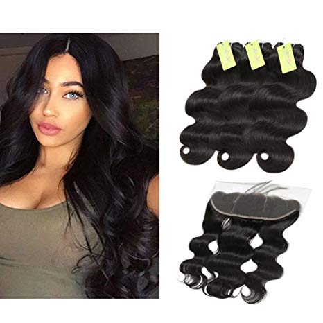 Indian Body Wave Hair Bundles with Frontal, Re4U Raw Virgin Human Hair Bundles Unprocessed Tangle Free with 13x4 Swiss Lace Frontal (Natural Color 12 14 16 with 10" Frontal)