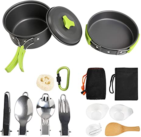 TOMSHOO 11PCS Durable Outdoor Camping Cookware Set Portable Hiking Backpacking Cooking Picnic Cooking Pot Pan Set Bowl Spoon Fork SporkDinnerware with Folding Piezo Ignition Stove