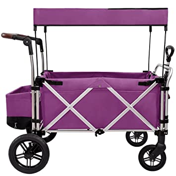 Unichart Pull/Push Wagon Stroller 2 Passenger Flodable Baby Stroller with Adjustable Handle Bar, Rain Cover, Carrying Bags & Basket, Double Seats with 5-Point Harness(Large, Purple)