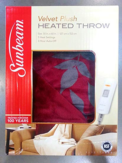 Sunbeam Velvet Plush Electric Heated Throw with 3 Heat Settings and Auto-Off, Machine Washable, Walnut Brown (Reversible Red Floral)