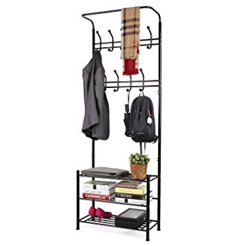 HOMFA Metal Coat Hat Rack Free Standing Clothes Stand with 18 Hooks and 3-Tier Shoe Rack Entryway Organizer Black