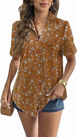 Zeagoo Women Linen Button Down Shirt Rolled Cuffed Short Sleeve Blouse Ladies Summer Casual V Neck Beach Cotton Tops