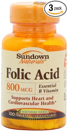 Sundown Naturals Folic Acid 800 mcg, 100 Tablets (Pack of 3)