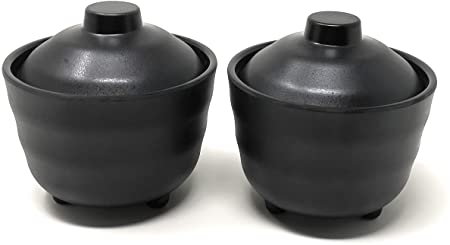 ASIAN HOME Japanese Rice and Soup Bowls With Lid, All Black, Melamine Hard Plastic, for rice, miso soup, 4.72" x 3.94", 10 oz. (2 Bowls)