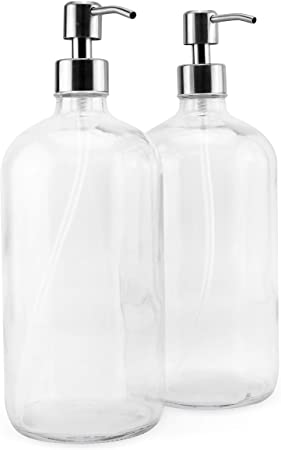 Cornucopia 32oz Glass Pump Bottles with Stainless Steel Pump (2-Pack); Economy Size Dispenser for Massage Oils, Lotions, Liquid Soaps, Hand Sanitizers