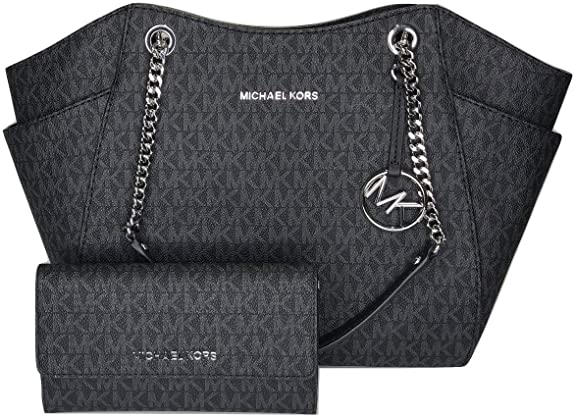 MICHAEL Michael Kors Jet Set Travel Large Chain Shoulder Tote bundled with Michael Kors Jet Set Travel Trifold Wallet (Signature MK Black)