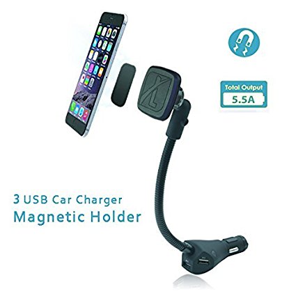 Magnetic Car Mount, Leebotree Car Mount Holder with 3 USB Car Charger (DC5V, 2.1A/2.4A/1A) for iPhone 6s, 6, Samsung Galaxy S6, S6 Edge, Sony, Moto, LG G3, G4 and Other Smartphones (Upgrade Version)