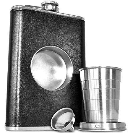 The Premium Outdoor Adventure Shot Flask (8oz) - Includes a Built-in 2oz Collapsible Shot Glass and Bonus Funnel - Leak Proof - 304 18/8 Stainless Steel and Soft Touch Leather Wrap by Future Hydrate. Includes Free Gift Box.