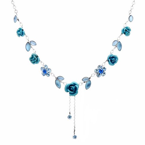 Glamorousky Elegant Rose Necklace with Blue Austrian Element Crystals (1029)