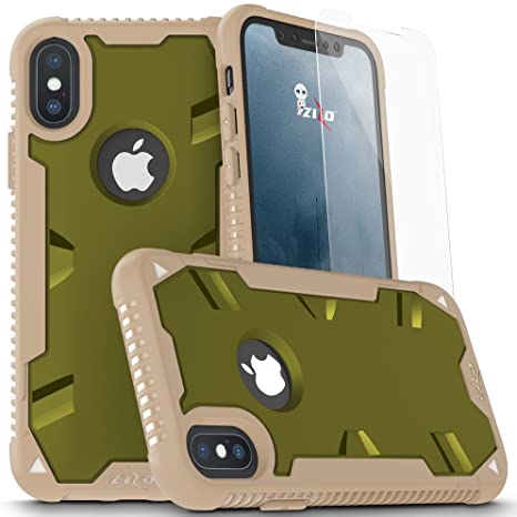 Zizo Proton 2.0 Series Compatible with iPhone X Case Military Grade Drop Tested with Tempered Glass Screen Protector iPhone Xs Case Desert CAMO Green