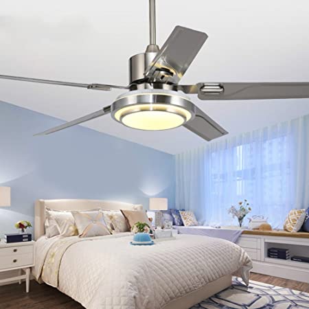 48-In Stainless Steel Ceiling Fan with LED Light and Remote Control, Modern Quiet Fan Light
