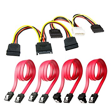 SSD / SATA III Hard Drive Connection Cables (1x 4 Pin to Dual 15 Pin SATA Power Splitter Cable, 1x 15 Pin to Dual 15 Pin SATA Power Splitter Cable, 4x SATA Data Cables), 6 Pack