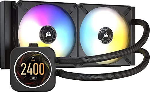 Corsair iCUE H100i Elite LCD Display Liquid CPU Cooler (Custom IPS LCD Screen, 40 Dynamic RGB LEDs, 120mm Fans, 240mm Radiator, Corsair Commander Core Smart Lighting Controller Included) Black