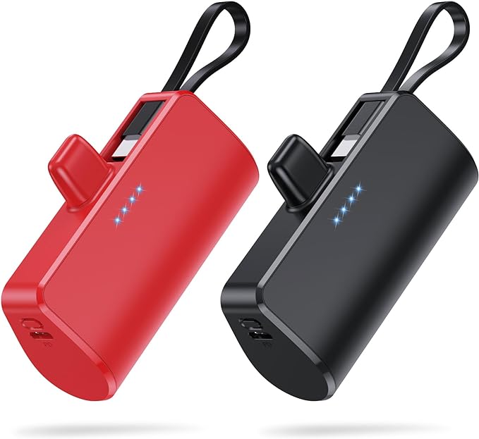 [2 Pack] Small Portable Charger 5200 mAh for iPhone,PD 3.0A Power Bank with Built-in Cable,USB C Mini Battery Pack Compatible with iPhone 15/15 plus/15 Pro/15 Pro Max/14/13/12/11/8 Android Phone etc