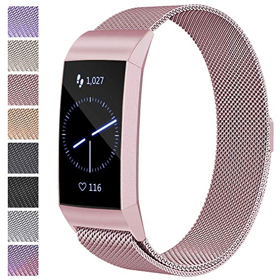 Maledan Metal Bands Compatible with Fitbit Charge 3 & Charge 3 SE, Stainless Steel Mesh Milanese Loop Magnetic Band Replacement Accessories Bracelet Strap with Unique Magnet Lock for Women Men