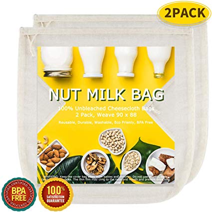 Nut Milk Bags(Upgraded, Weave 90x88), All Natural Cheesecloth Bags 12"x12" 2 Pack, 100% Unbleached Cotton Cloth Bags for Cheese/Tea/Yogurt/Juice/Wine/Soup/Herbs, Washable Reusable Almond Milk Strainer
