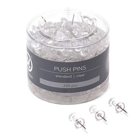 U Brands Push Pins, Clear Plastic Head, Steel Point, 200-Count