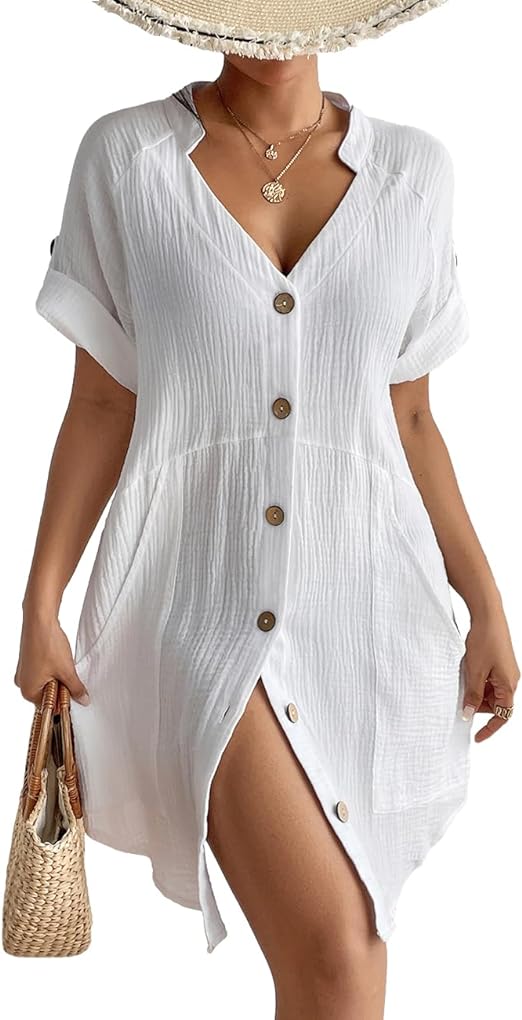 Bsubseach Cotton Swimsuit Cover Up for Women Button Down Bikini Coverups Beach Dress