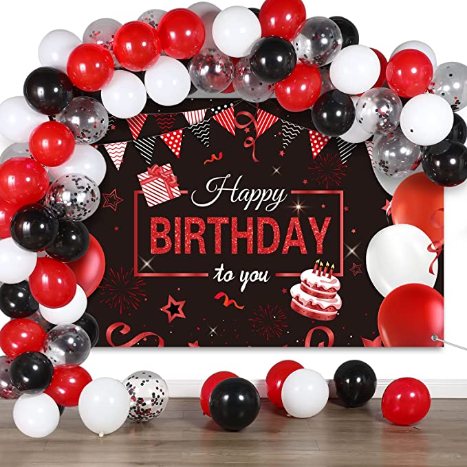 Red and Black Birthday Party Decorations 50 Pieces Red Black Balloons Garland Kit Happy Birthday Backdrop Banner Sign Decorations for Kids Men Women Anniversary Birthday Party Supplies Decor