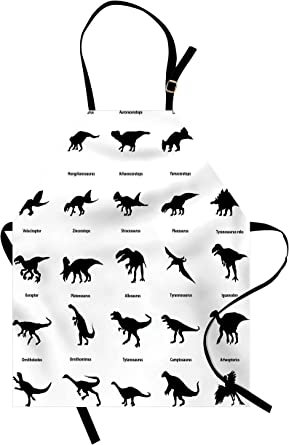 Ambesonne Dinosaur Apron, Composition Different Dinosaurs Silhouettes Their Names Evolution Wildlife, Unisex Kitchen Bib with Adjustable Neck for Cooking Gardening, Adult Size, Black and White