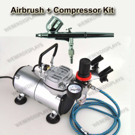 Pro One Double-Action Airbrush & Compressor Kit Dual-Action Air Brush Set, Regulator and Pressure Gauge, Braided Hose, and Holder For Art Tattoo Nail