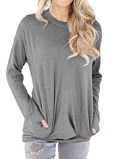 Dutebare Women Casual Long Sleeve Round Neck Sweatshirt Pocket Pullover Loose Tunic Shirts Blouse Tops