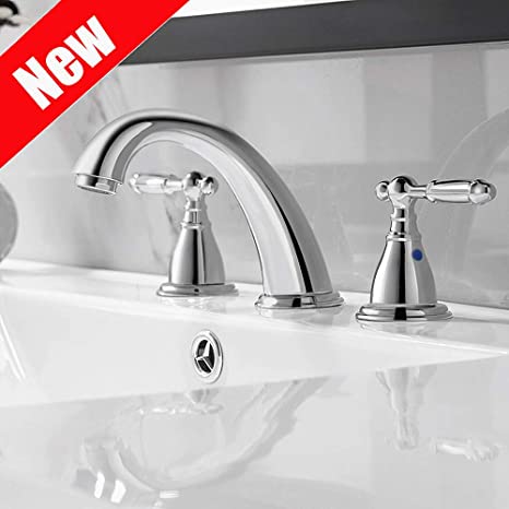 8 Inch 3 Hole Widespread Bathroom Faucet with Metal Pop Up Drain by PHIESTINA, Chrome Widespread Bathroom Sink Lavatory Faucet, WF008-4-C