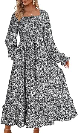 Dokotoo Fall Dresses for Women 2024 Casual Floral Square Neck Long Sleeve Smocked Elastic Waist Tiered Ruffle Hem Maxi Dress